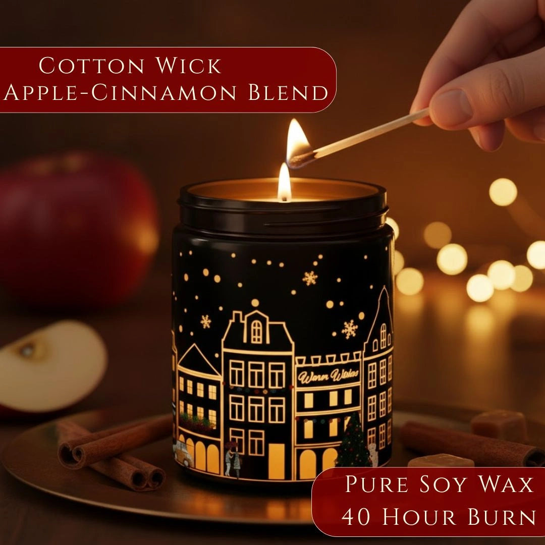 Premium soy wax, cotton wick, 40-hour burn time displayed on Apple & Cinnamon in a black jar light-up scented candle, available at Shopeezy.