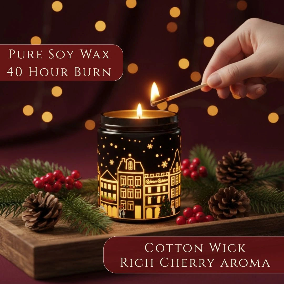 Premium soy wax, cotton wick, 40-hour burn time highlighted on Black Cherry scented black candle in festive holiday setting, available at Shopeezy.