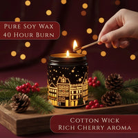 Thumbnail for Premium soy wax, cotton wick, 40-hour burn time highlighted on Black Cherry scented black candle in festive holiday setting, available at Shopeezy.