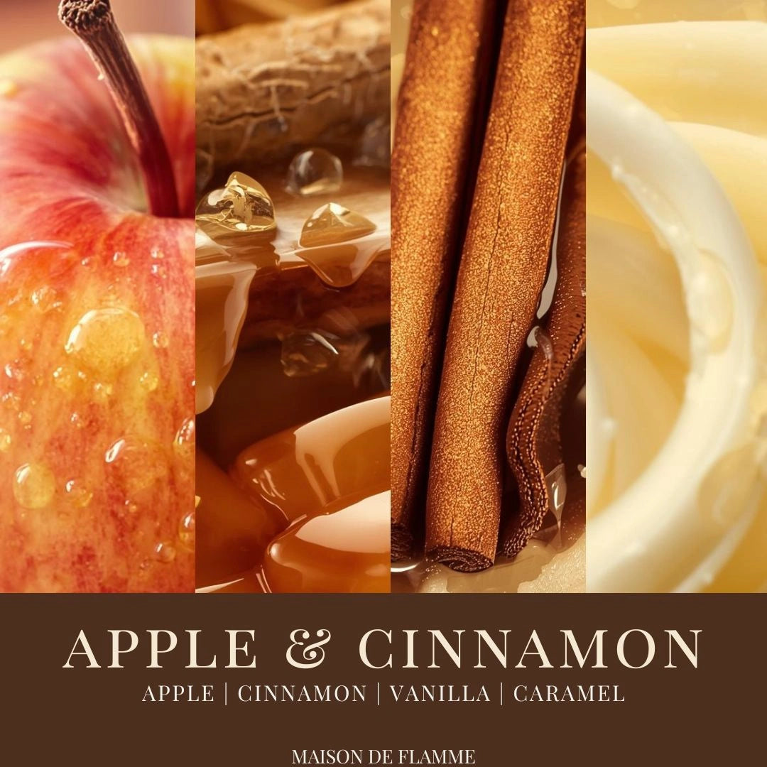 Close-up of cinnamon sticks, caramelized apples, and spice notes with the Apple & Cinnamon candle — rich fruity and spicy scented candle.