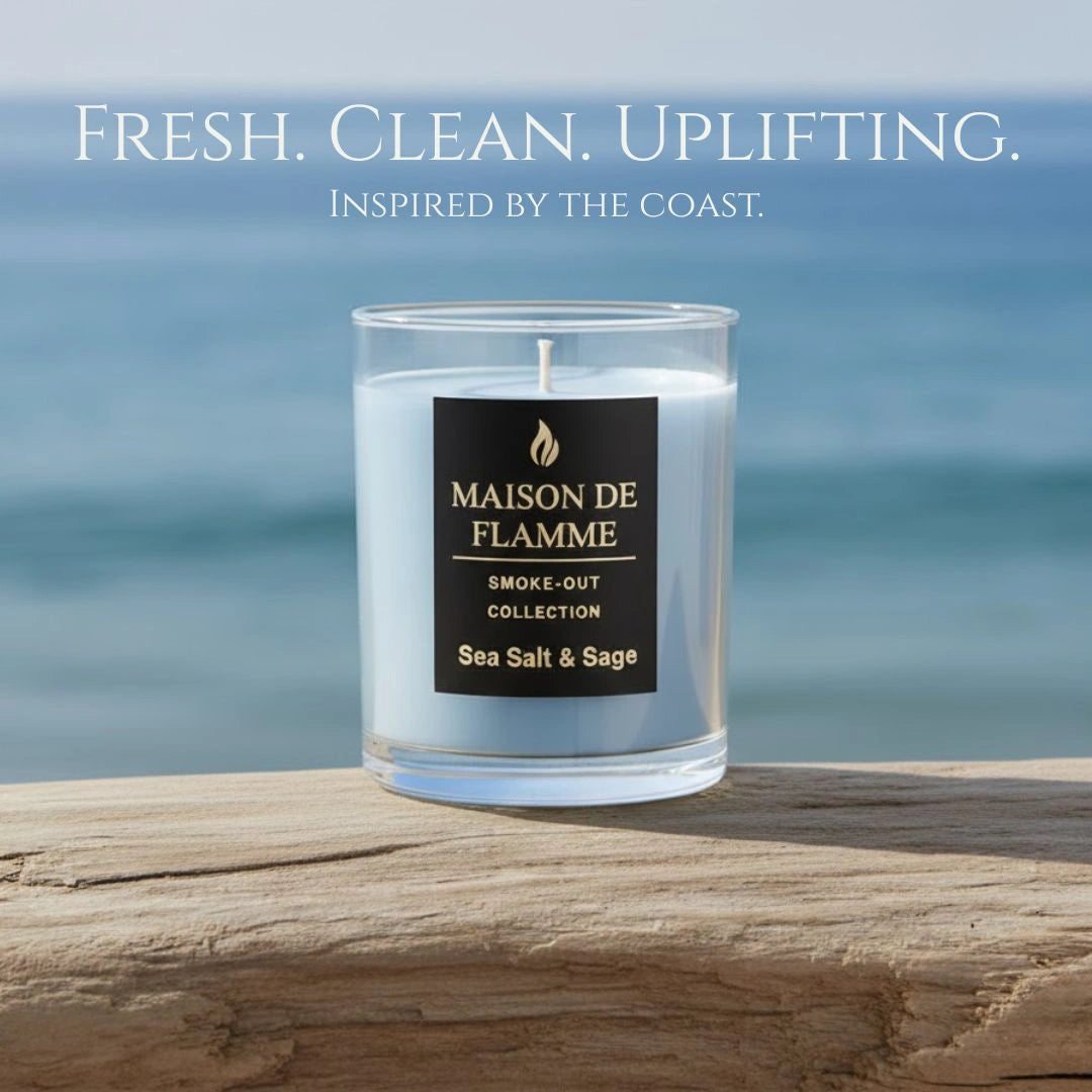 Sea Salt & Sage candle by the ocean with waves in background, fresh clean uplifting coastal scent.