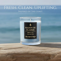 Thumbnail for Sea Salt & Sage candle by the ocean with waves in background, fresh clean uplifting coastal scent.
