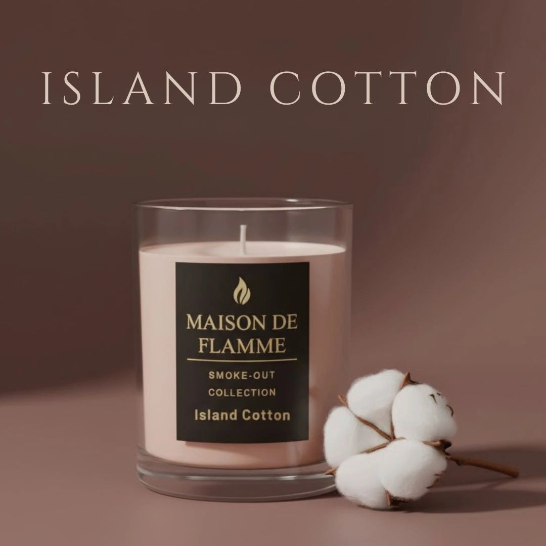 Island Cotton candle with cotton flowers against warm beige background, clean soft aesthetic.