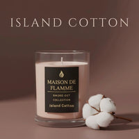 Thumbnail for Island Cotton candle with cotton flowers against warm beige background, clean soft aesthetic.