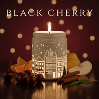 Thumbnail for Black Cherry scented candle glowing with cherries, pears, and cinnamon props – warm fruity holiday aroma, available at Shopeezy.