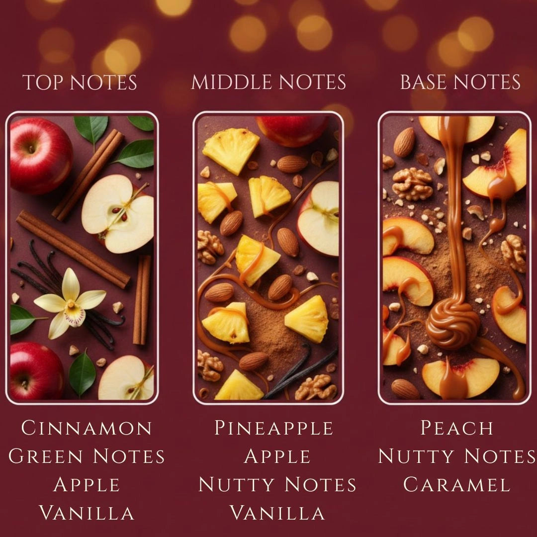 Apple & Cinnamon fragrance notes panel – cinnamon, apple, vanilla, pineapple, nutty notes, peach, caramel, available at Shopeezy.
