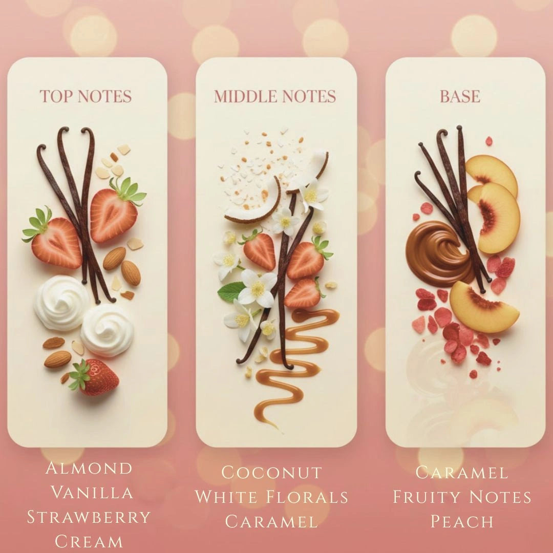 Vanilla & Strawberry candle fragrance notes panel – almond, vanilla, strawberry cream, coconut, white florals, caramel, peach, Maison De Flamme, available at Shopeezy.