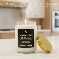 Thumbnail for Maison De Flamme Creamy Vanilla candle emitting warm fragrance on a modern kitchen counter — sweet vanilla soy wax candle.