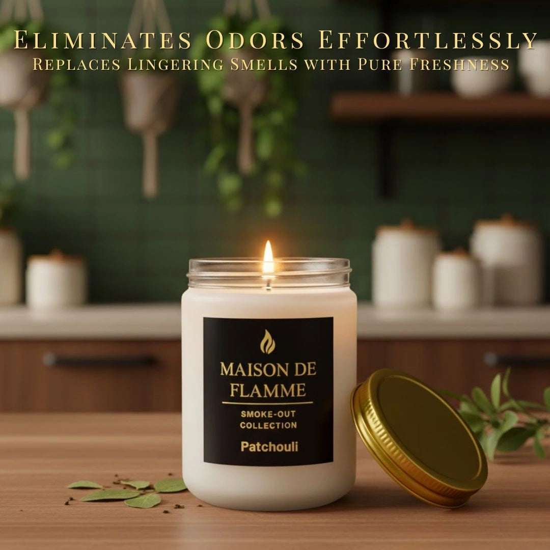 Maison De Flamme Patchouli candle in a cozy décor setting — earthy, odor-eliminating patchouli soy wax candle.