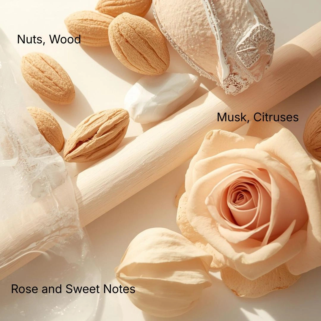 Royal Musk White Musk fragrance notes featuring clean white musk, soft florals and powdery accords, luxury perfume flatlay - Shopeezy