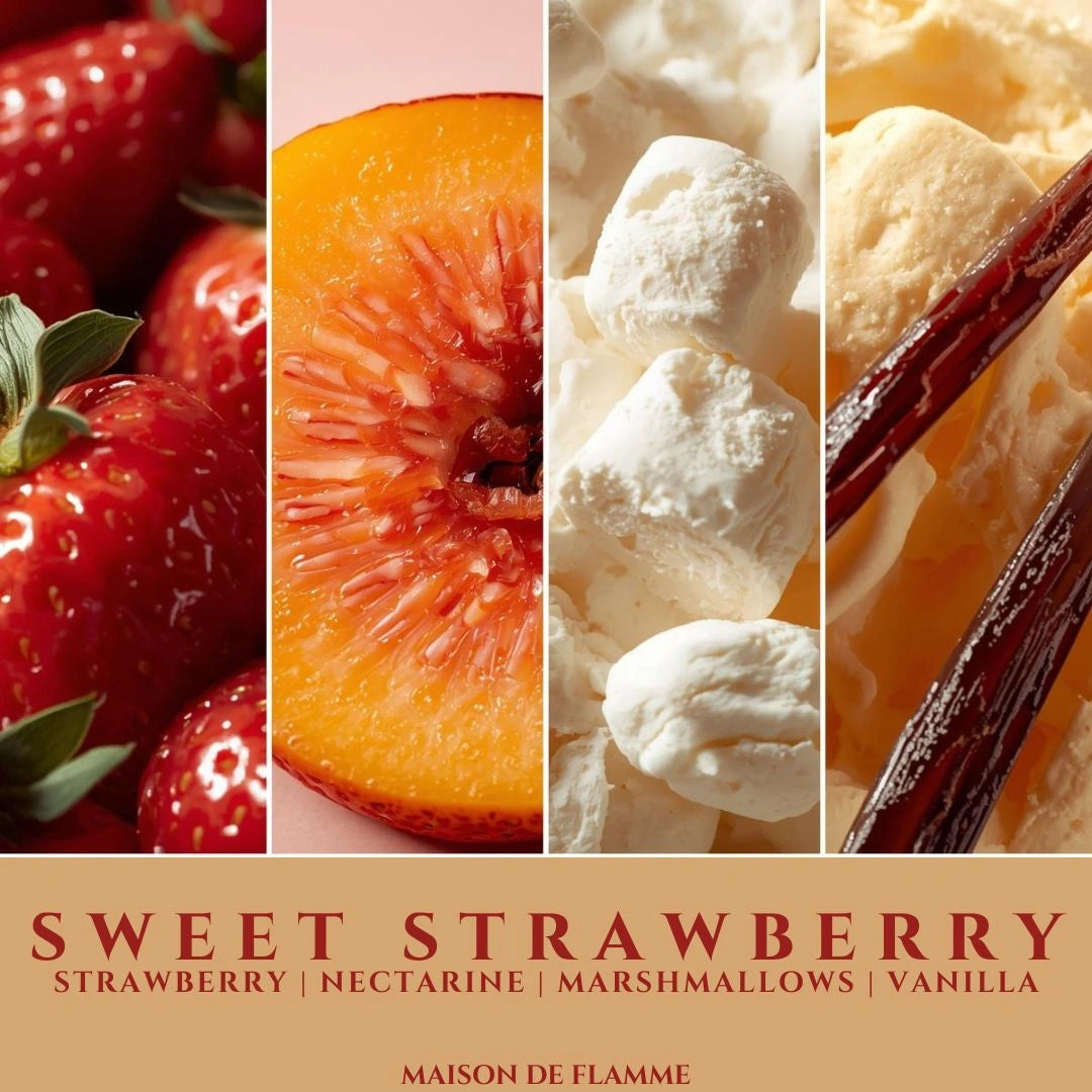 Collage of strawberries, nectarine, marshmallows, and vanilla with 'Sweet Strawberry' text, available at Shopeezy.