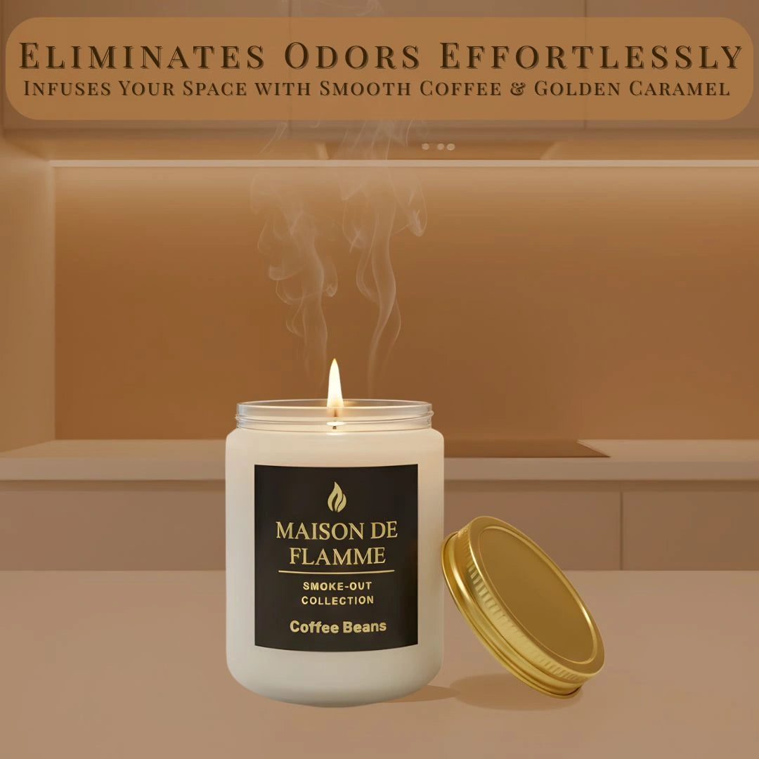 White Coffee Beans scented candle in a cozy kitchen scene — odor-eliminating roasted coffee aroma.