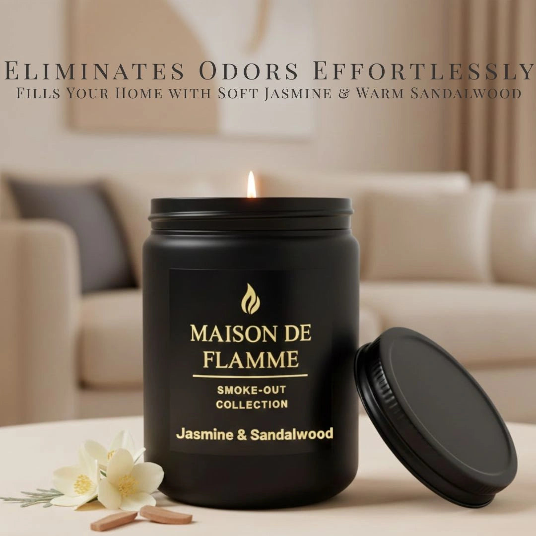 Jasmine & Sandalwood scented candle in black jar surrounded by jasmine flowers and sandalwood chips — rich floral-woody aroma.