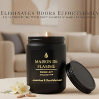 Thumbnail for Jasmine & Sandalwood scented candle in black jar surrounded by jasmine flowers and sandalwood chips — rich floral-woody aroma.