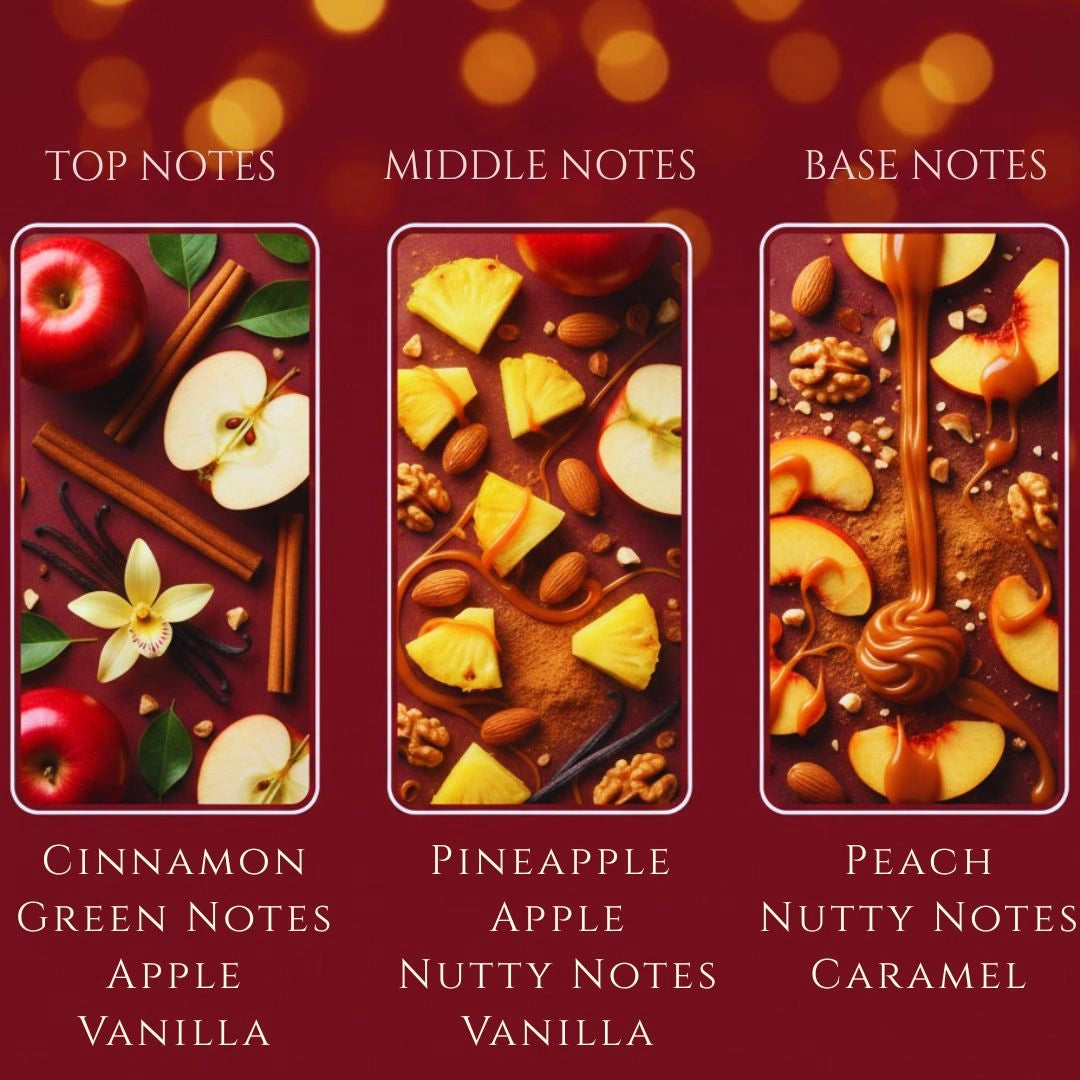 Apple & Cinnamon fragrance notes panel – cinnamon, apple, vanilla, pineapple, nutty notes, peach, caramel, Maison De Flamme available at Shopeezy.