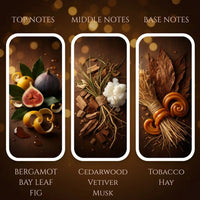Thumbnail for Sandalwood candle fragrance notes panel – bergamot, bay leaf, fig, cedarwood, vetiver, musk, tobacco, hay, available at Shopeezy.