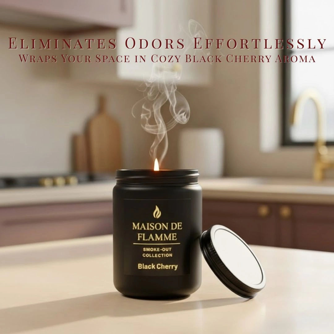 Maison De Flamme Black Cherry candle on a cozy kitchen counter — odor-eliminating black cherry soy wax candle.