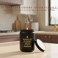 Thumbnail for Maison De Flamme Black Cherry candle on a cozy kitchen counter — odor-eliminating black cherry soy wax candle.