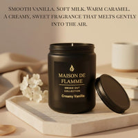 Thumbnail for Maison De Flamme Creamy Vanilla candle on a wooden tray in a cozy home setting — sweet vanilla soy wax candle.