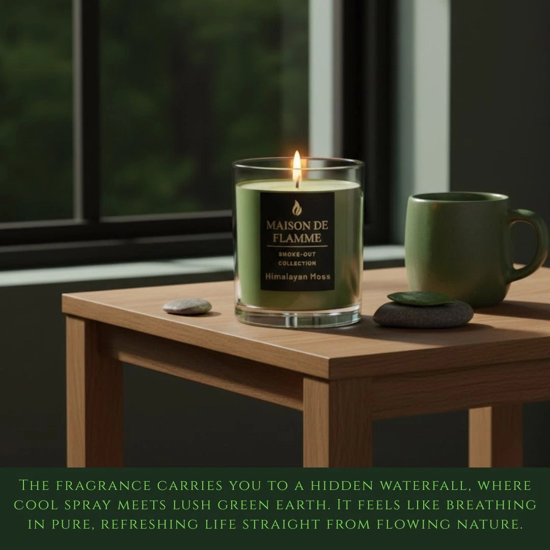 Himalayan Moss candle on wooden table with green mug by the window, calming natural home scent