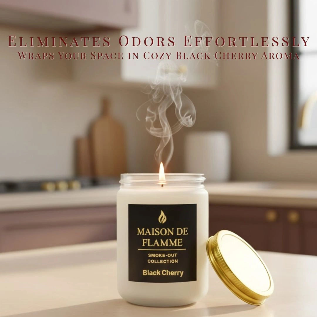 Maison De Flamme Black Cherry candle on a cozy kitchen counter — odor-eliminating black cherry soy wax candle.