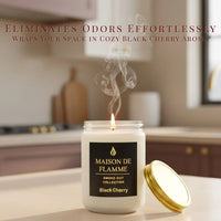 Thumbnail for Maison De Flamme Black Cherry candle on a cozy kitchen counter — odor-eliminating black cherry soy wax candle.