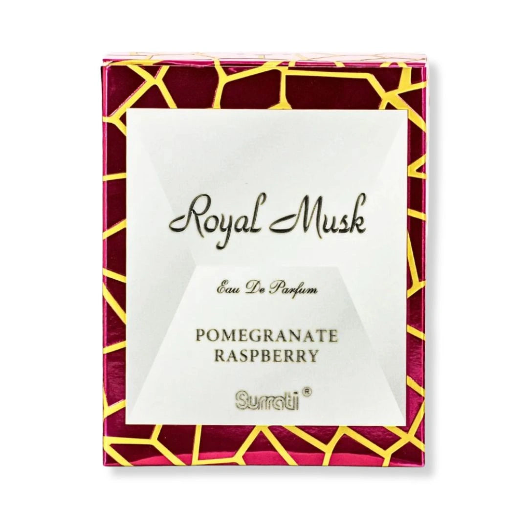 Royal Musk Pomegranate Raspberry perfume box by Surrati, elegant Arabian fragrance packaging with gold and red design - Shopeezy