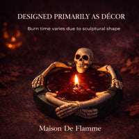 Thumbnail for Skeleton bowl candle designed as Halloween decorative accent, glowing red wax with dramatic dark background, gothic luxury seasonal decor piece