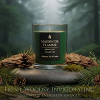 Thumbnail for Balsam, Fir & Cedar candle on forest floor with pinecones and wood, fresh woodsy invigorating aroma.