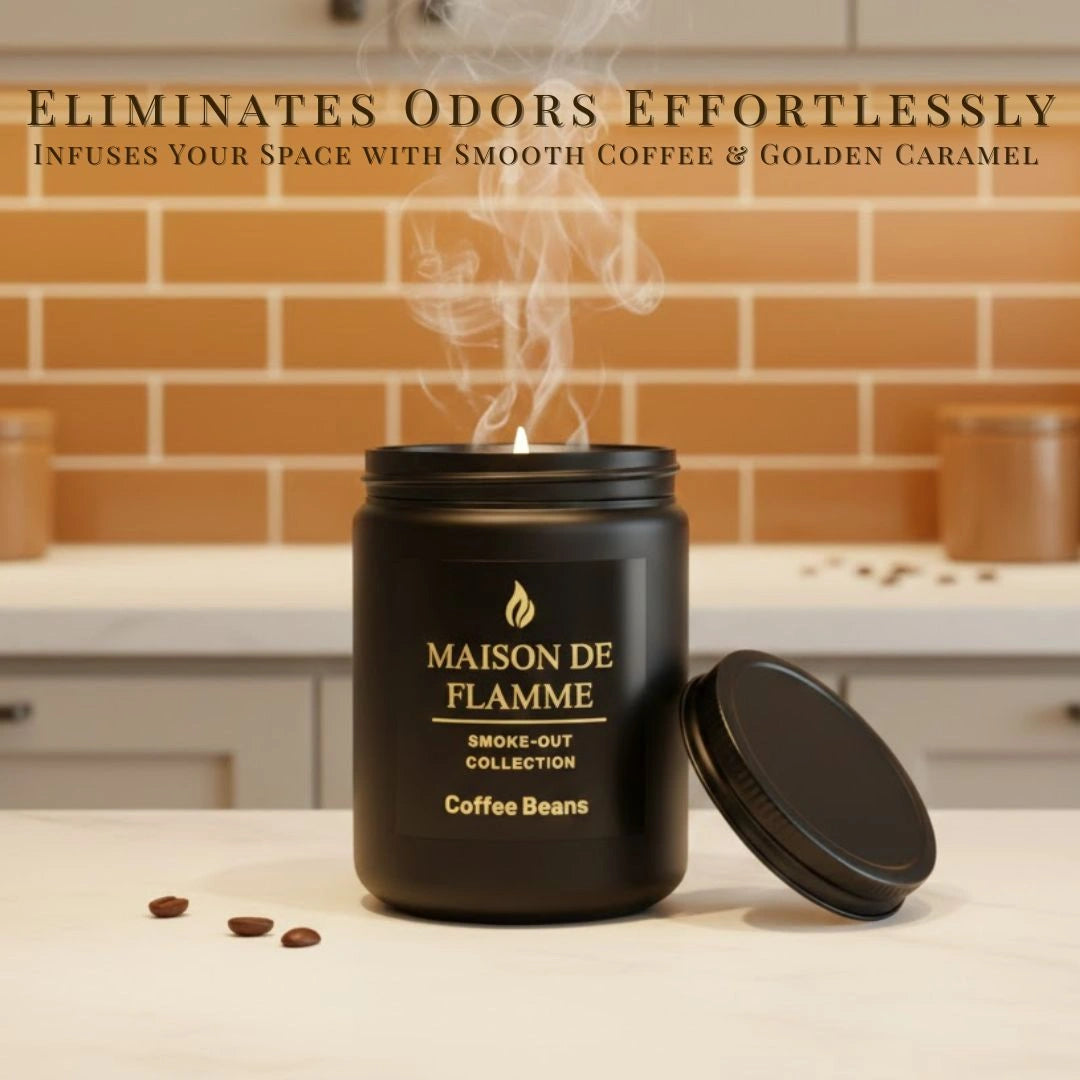 Maison De Flamme Coffee Beans candle on a kitchen counter with warm lighting — odor-eliminating roasted coffee aroma