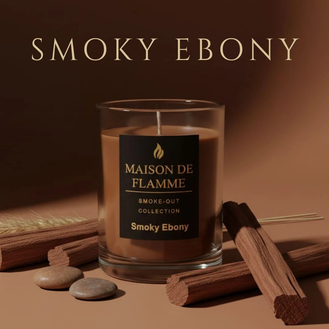 Smoky Ebony candle with sandalwood sticks and stones against warm brown background, luxury dark aroma.