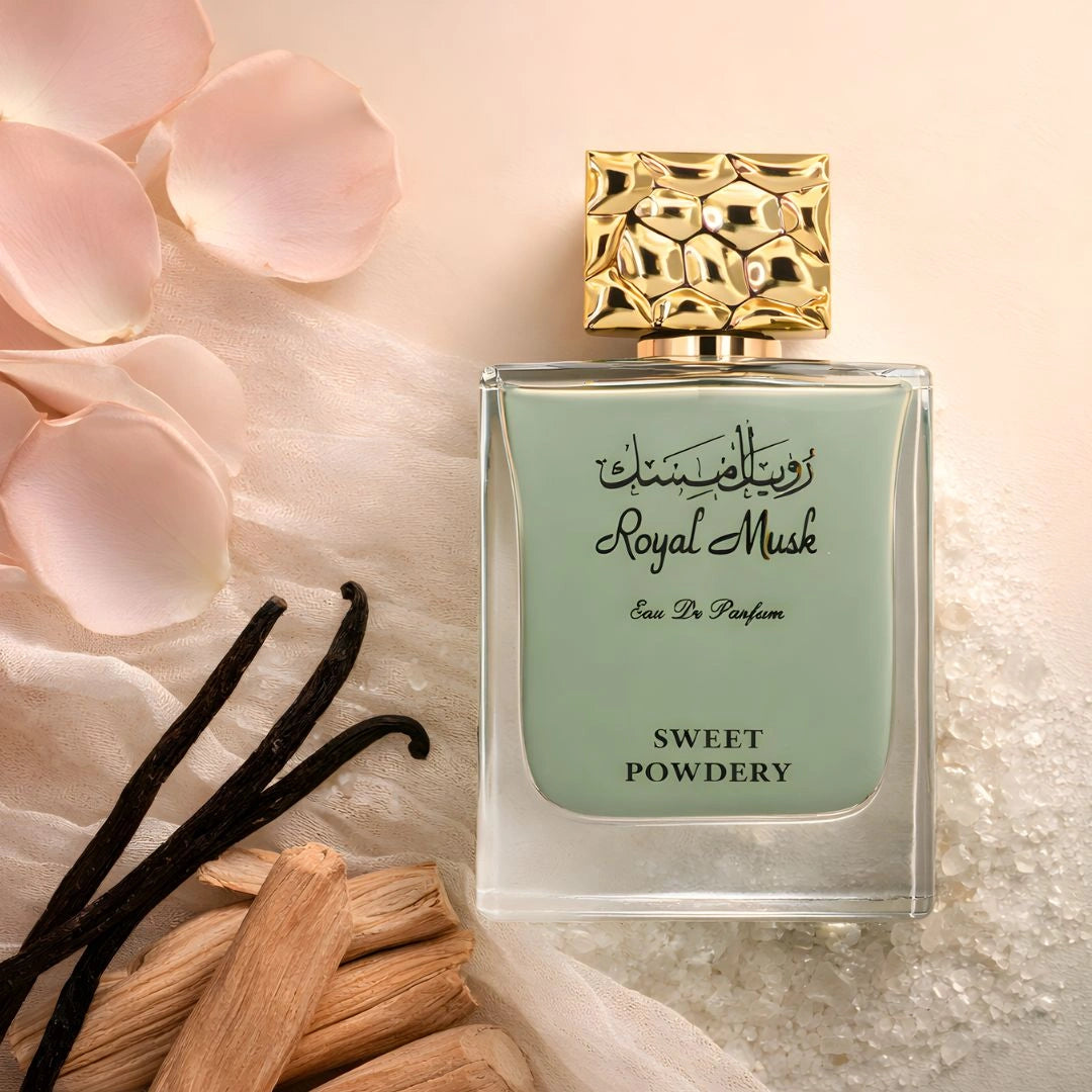 Royal Musk Sweet Powdery perfume bottle with vanilla and floral accents, soft musky powdery Arabian fragrance - Shopeezy