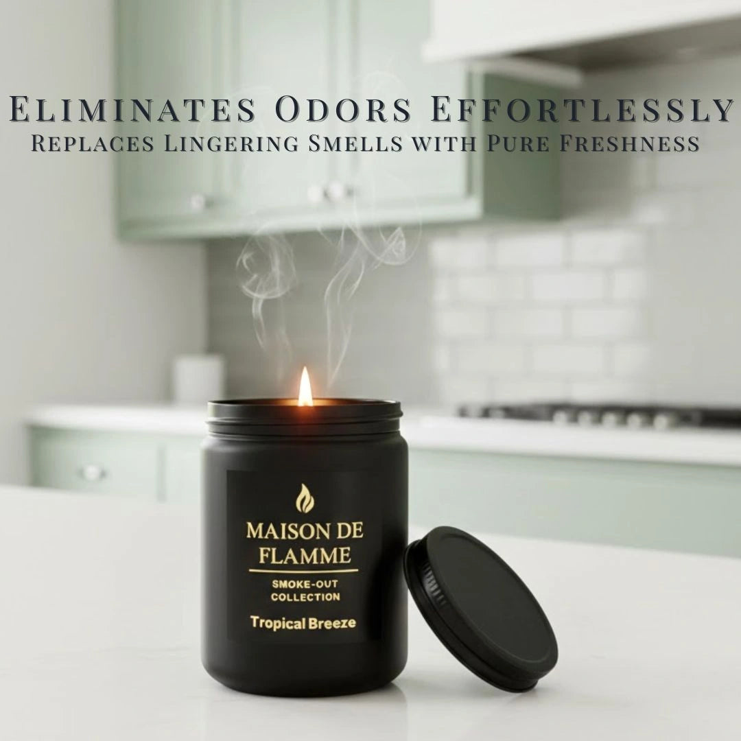 Tropical Breeze scented candle on a white kitchen counter — odor-eliminating tropical citrus aroma.
