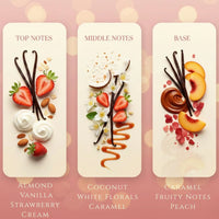 Thumbnail for Vanilla & Strawberry candle fragrance notes panel – almond, vanilla, strawberry cream, coconut, white florals, caramel, peach, available at Shopeezy.
