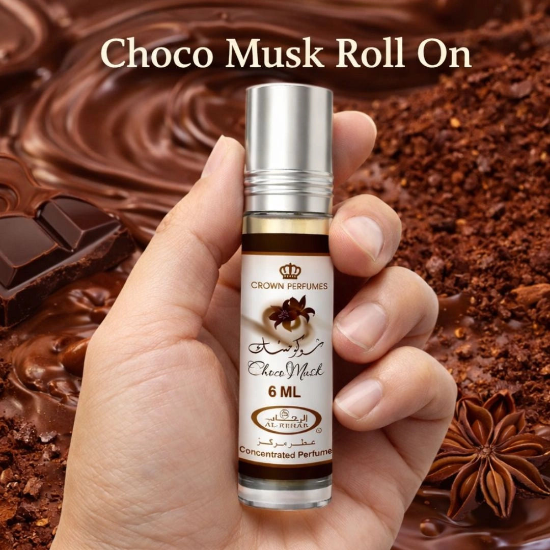 Hand holding Al Rehab Choco Musk roll-on perfume oil 6ml, compact chocolate gourmand fragrance - Shopeezy