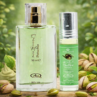 Thumbnail for Al Rehab Choco Musk Pistachio perfume bundle displayed with pistachio background, chocolate gourmand unisex fragrance - Shopeezy