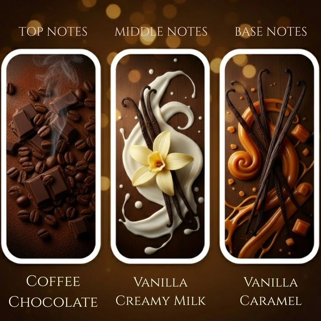 Coffee Chocolate fragrance notes panel – coffee, chocolate, vanilla, creamy milk, caramel, available at Shopeezy.