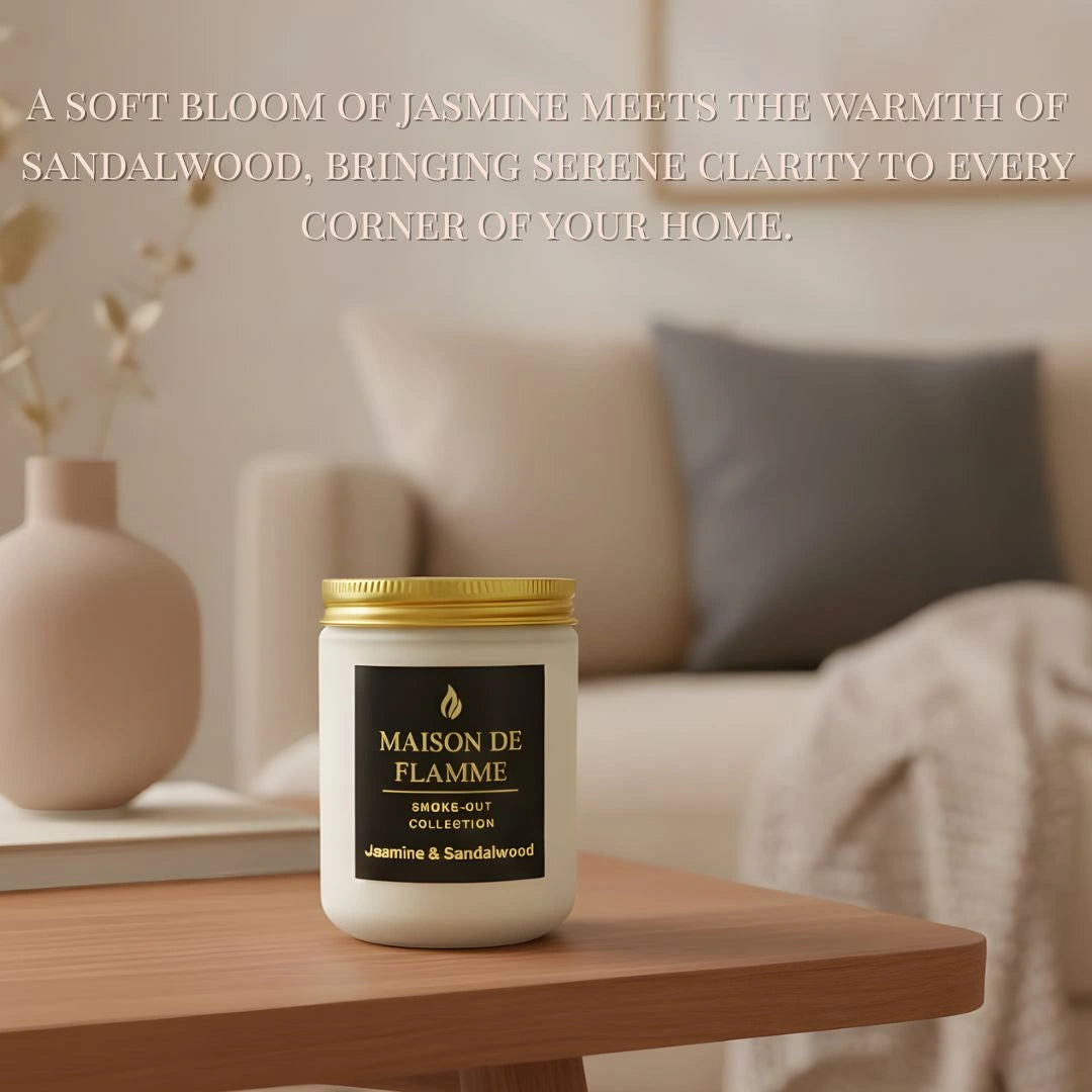 Lifestyle room scene with the Jasmine & Sandalwood scented candle on a wooden side table — calming floral and warm woody aroma