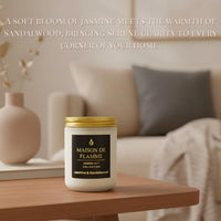 Thumbnail for Lifestyle room scene with the Jasmine & Sandalwood scented candle on a wooden side table — calming floral and warm woody aroma