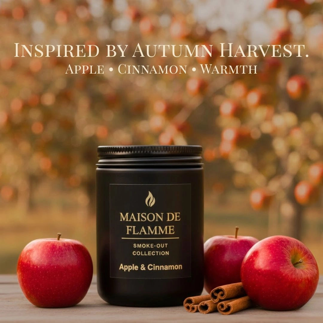 Maison De Flamme Apple & Cinnamon candle with red apples on a warm fall table setup — cozy autumn soy wax candle.
