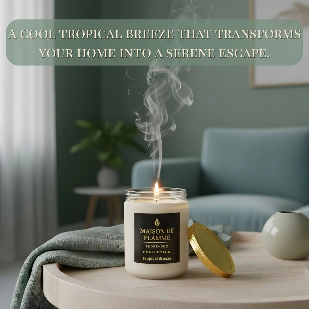 White Tropical Breeze scented candle on a modern kitchen counter — odor-eliminating tropical citrus aroma.