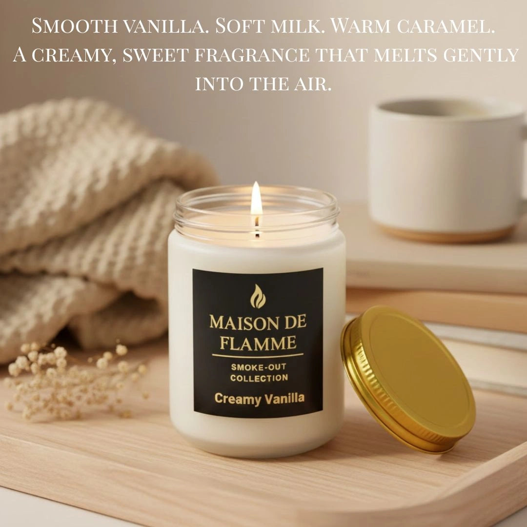 White Creamy Vanilla candle in a cozy living room setup with soft lighting — odor-eliminating creamy vanilla aroma.