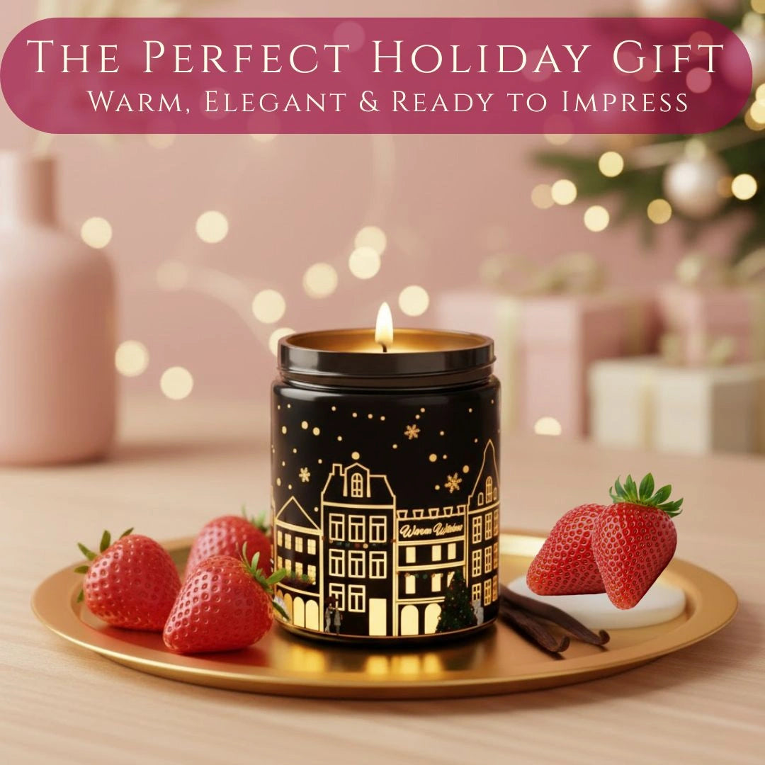 Vanilla & Strawberry candle in a black jar displayed as a perfect holiday gift with cozy home background, available at Shopeezy.