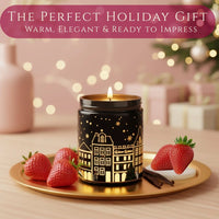 Thumbnail for Vanilla & Strawberry candle in a black jar displayed as a perfect holiday gift with cozy home background, available at Shopeezy.