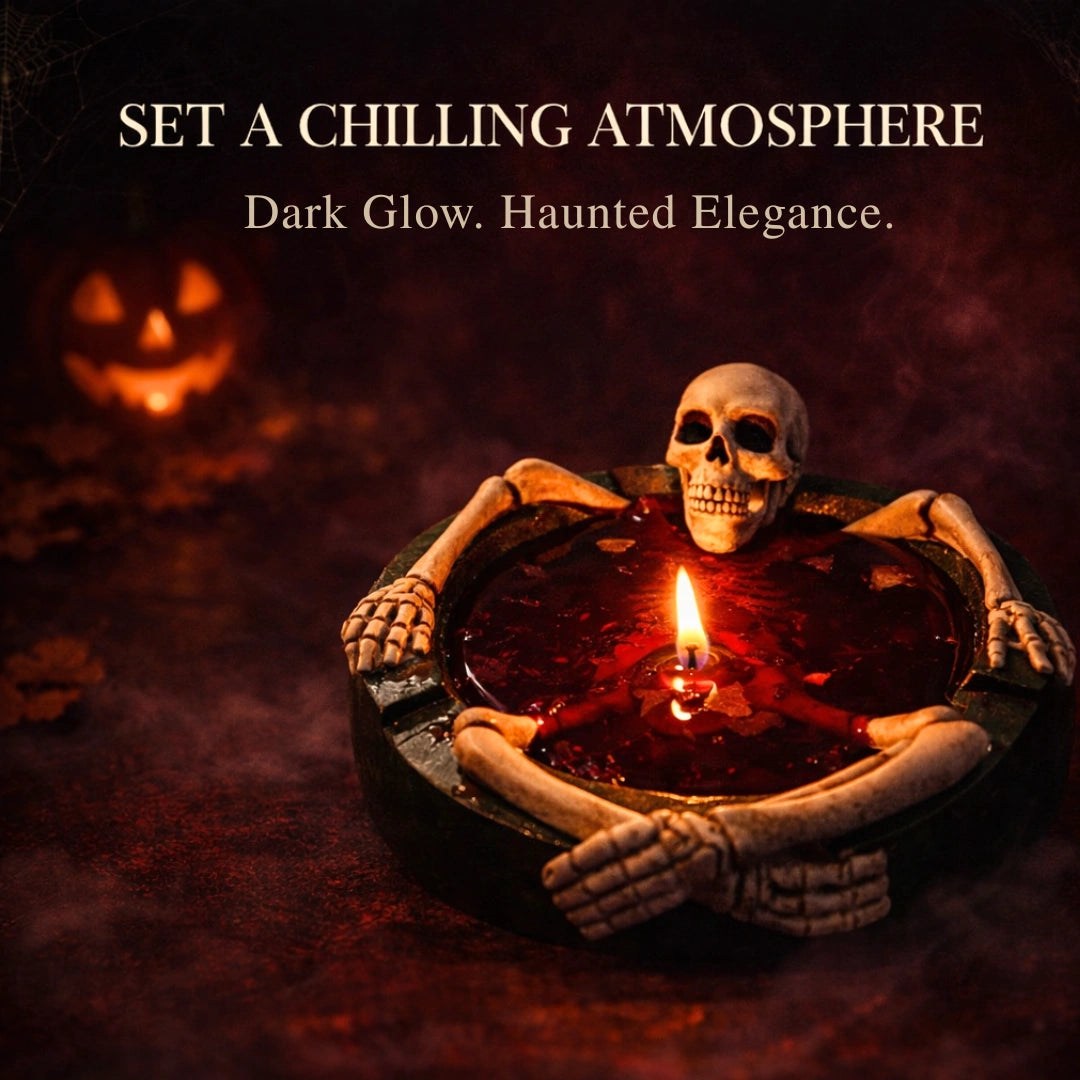 Lit skeleton Halloween candle creating eerie chilling ambiance, dark gothic home decor with warm red wax glow and smoky background