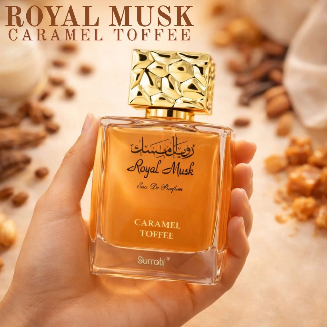 Royal Musk Caramel Toffee perfume by Surrati held in hand, sweet gourmand unisex Arabian fragrance - Shopeezy