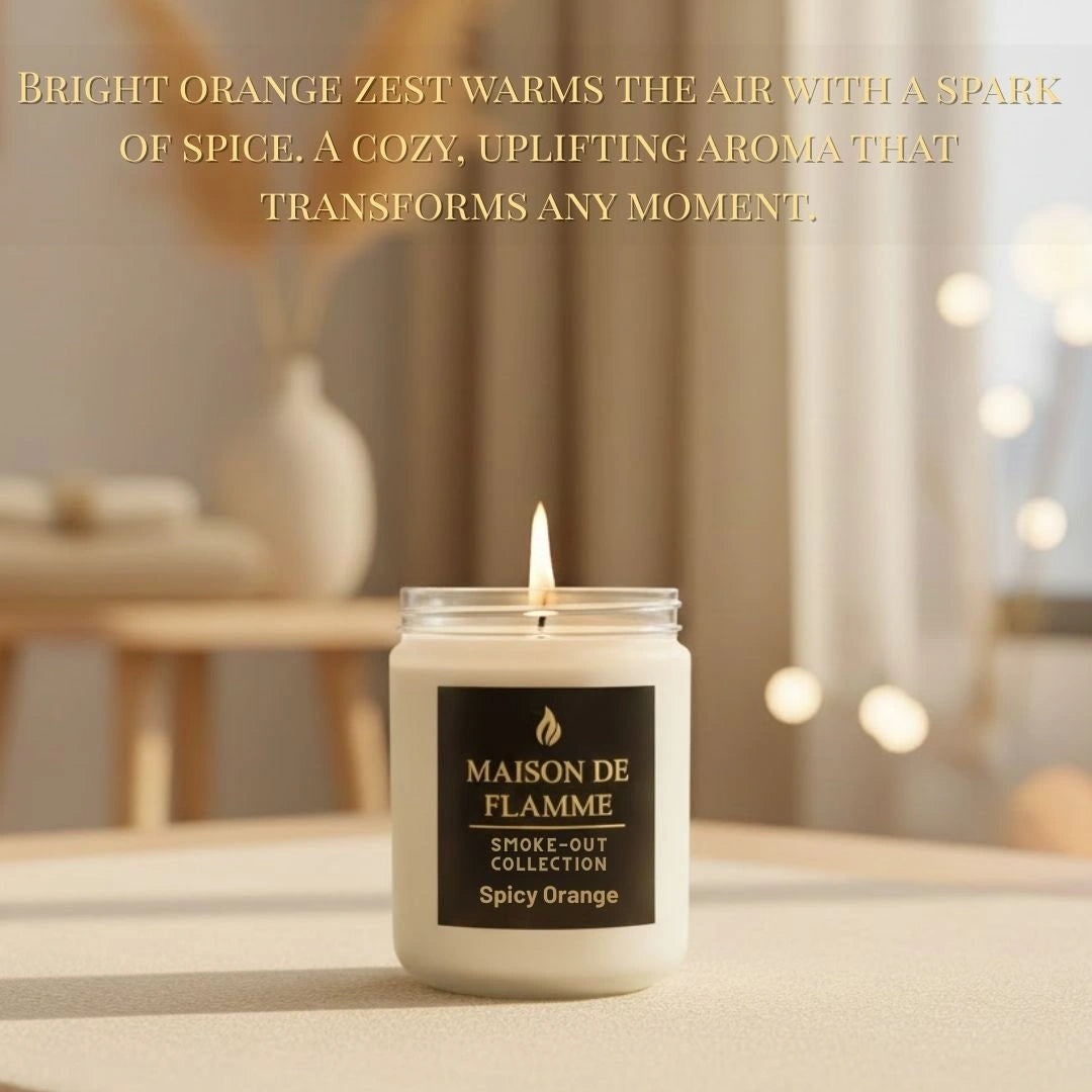 Spicy Orange scented candle on a minimal home décor setup — bright citrus fragrance for cozy interiors.