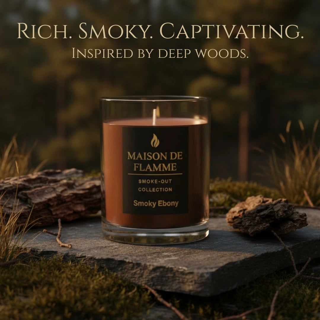 Smoky Ebony candle on forest stone with moss and pine needles, rich smoky captivating woodsy scent.