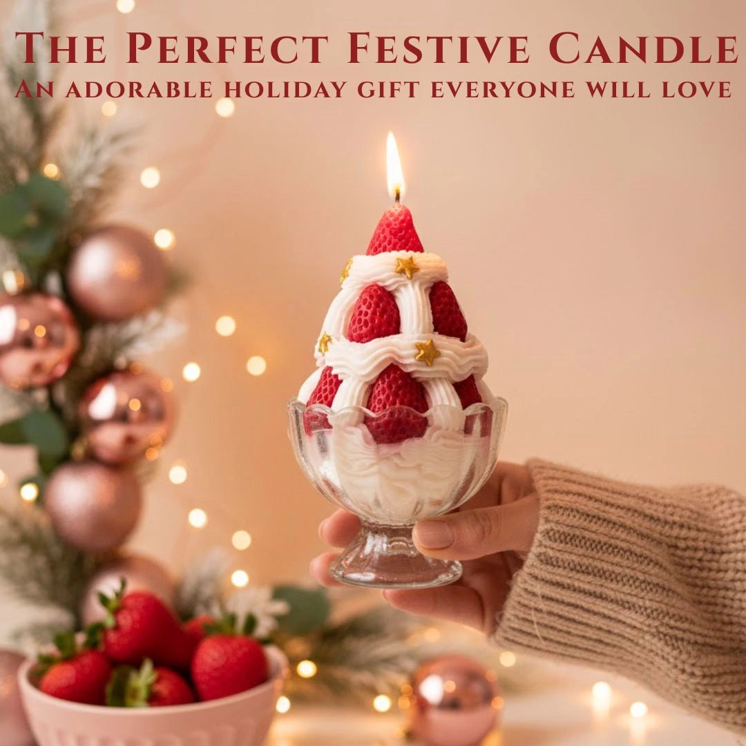 Strawberry Ice Cream novelty candle styled with festive lights, whipped cream details, and fresh fruit for holiday décor, available at Shopeezy.