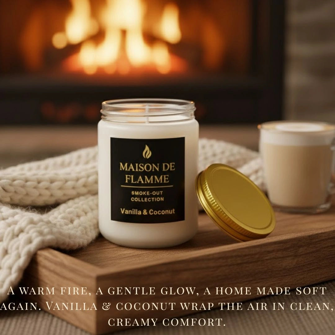 Maison De Flamme Vanilla & Coconut candle next to a matching golden lid placed on a soft beige fabric with warm lighting.